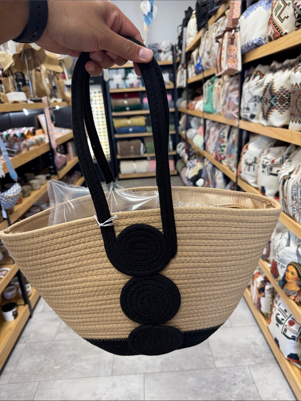 Woven Straw Tote Bag with Black Accents